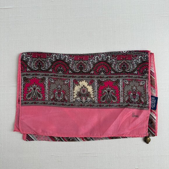 Vintage Honey Silk Scarf: Pink and Gray Paisley Floral, 10x50" Oblong - Picture 1 of 7